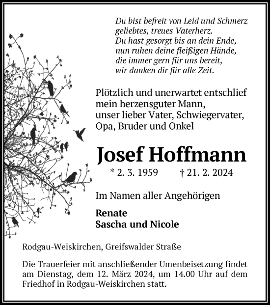 Todesanzeige von Josef Hoffmann von OF