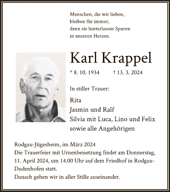 Todesanzeige von Karl Krappel von OF