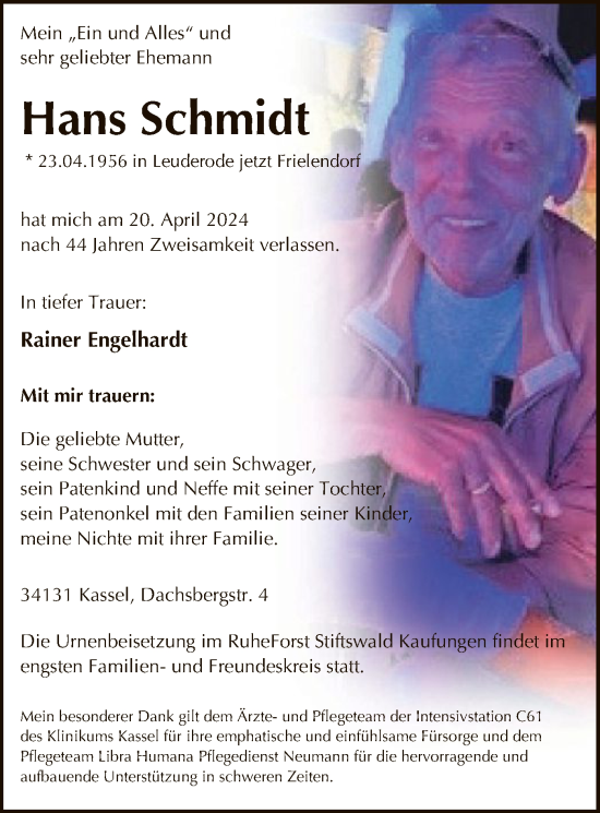 Todesanzeige von Hans Schmidt von OF