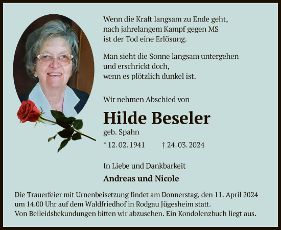 Todesanzeige von Hilde Beseler von OF