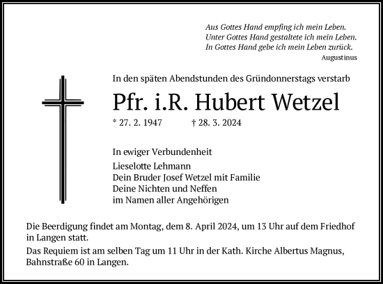 Todesanzeige von Hubert Wetzel von OF
