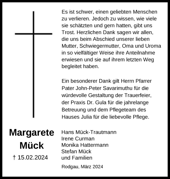 Todesanzeige von Margarete Mück von OF