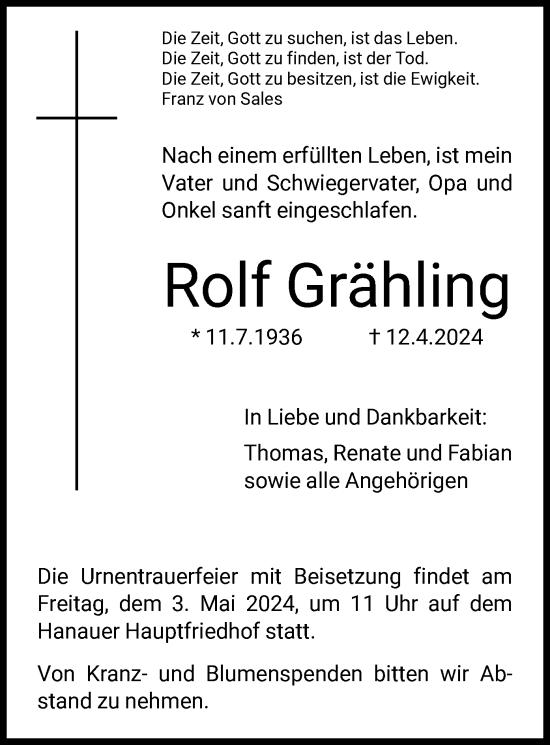 Todesanzeige von Rolf Grähling von OF