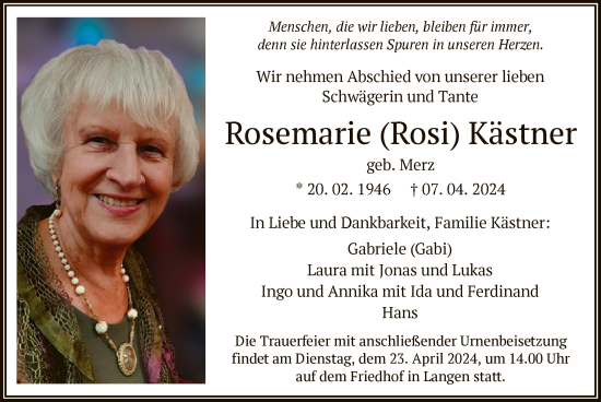 Todesanzeige von Rosemarie Kästner von OF
