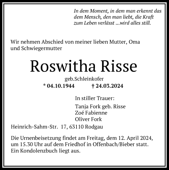 Todesanzeige von Roswitha Risse von OF