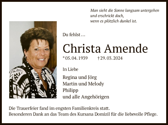 Todesanzeige von Christa Amende von OF