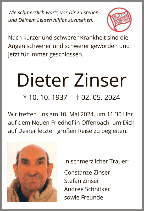 Todesanzeige von Dieter Zinser von OF