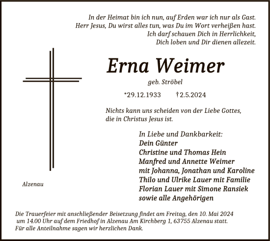 Todesanzeige von Erna Weimer von OF