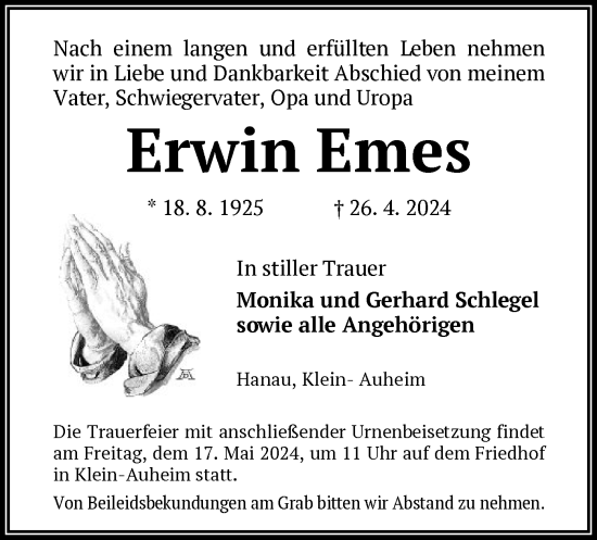 Todesanzeige von Erwin Emes von OF