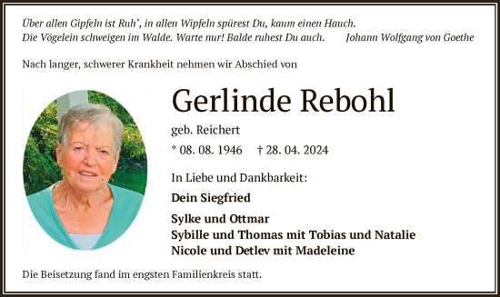 Todesanzeige von Gerlinde Rebohl von OF