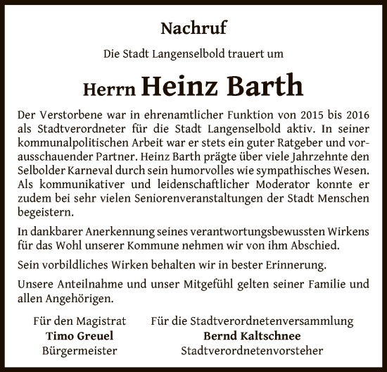 Todesanzeige von Heinz Barth von OF