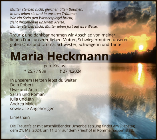 Todesanzeige von Maria Heckmann von OF