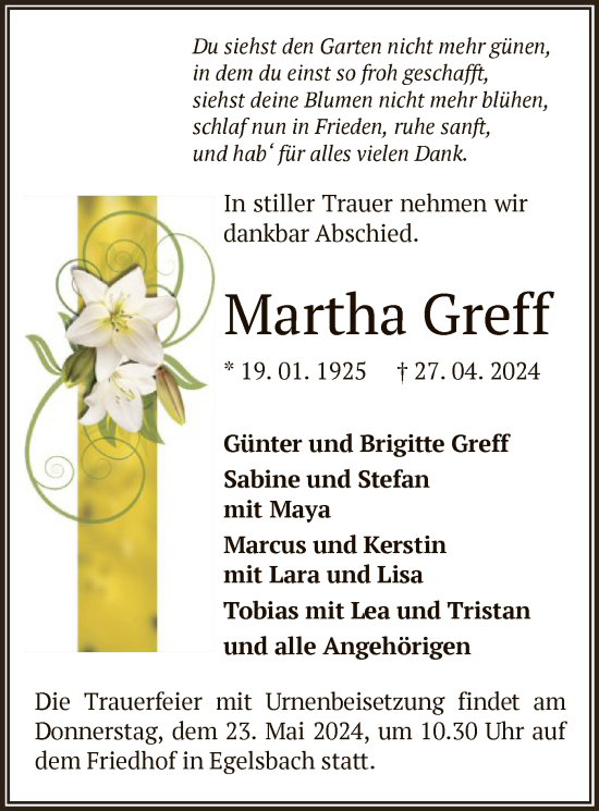 Todesanzeige von Martha Greff von OF