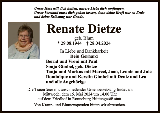 Todesanzeige von Renate Dietze von OF