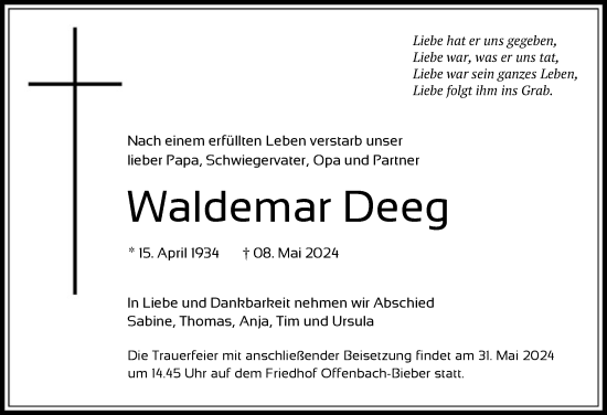 Todesanzeige von Waldemar Deeg von OF