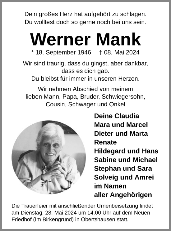 Todesanzeige von Werner Mank von OF