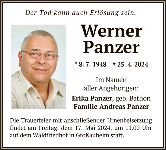 Todesanzeige von Werner Panzer von OF