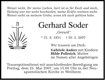 Todesanzeige von Gerhard Soder von MERKUR & TZ