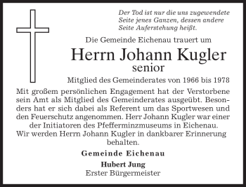 Todesanzeige von Johann Kugler von MERKUR & TZ