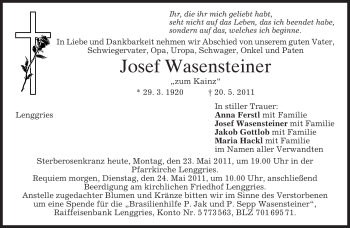 Todesanzeige von Josef Wasensteiner von MERKUR & TZ