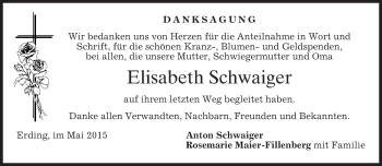 Todesanzeige von Elisabeth Schwaiger von merkurtz