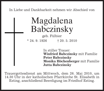Todesanzeige von Magdalena Babczinsky von MERKUR & TZ