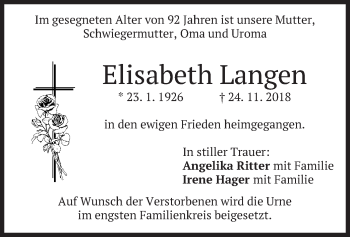 Todesanzeige von Elisabeth Langen von merkurtz
