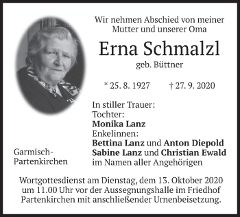 Todesanzeige von Erna Schmalzl von merkurtz