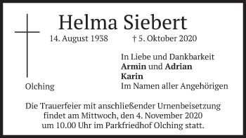 Todesanzeige von Helma Siebert von merkurtz