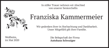 Todesanzeige von Franziska Kammermeier von merkurtz