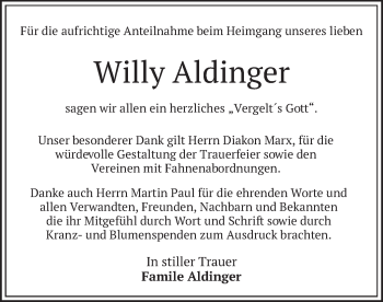 Todesanzeige von Willy Aldinger von merkurtz