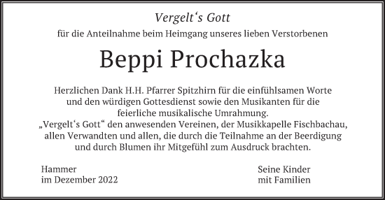 Todesanzeige von Beppi Prochazka von merkurtz