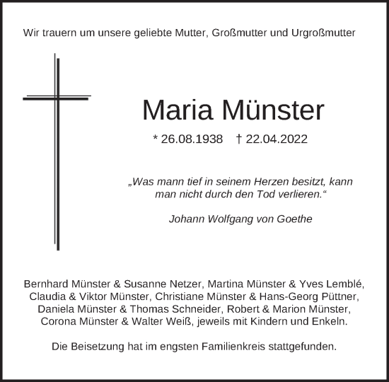 Todesanzeige von Maria Münster von merkurtz