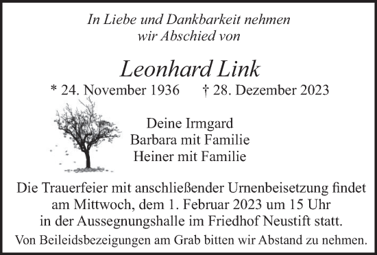 Todesanzeige von Leonhard Link von merkurtz