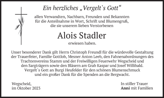 Todesanzeige von Alois Stadler von merkurtz