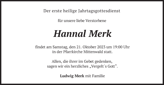 Todesanzeige von Hannal Merk von merkurtz