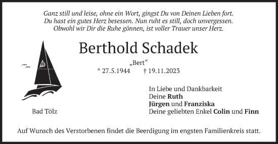 Todesanzeige von Berthold Schadek von merkurtz