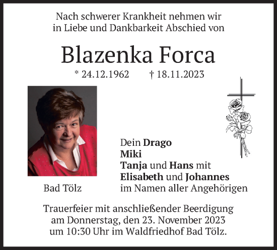 Todesanzeige von Blazenka Forca von merkurtz