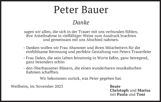Todesanzeige von Peter Bauer von merkurtz
