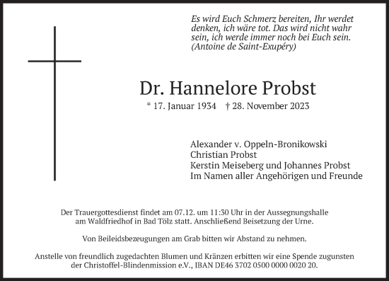 Todesanzeige von Hannelore Probst von merkurtz