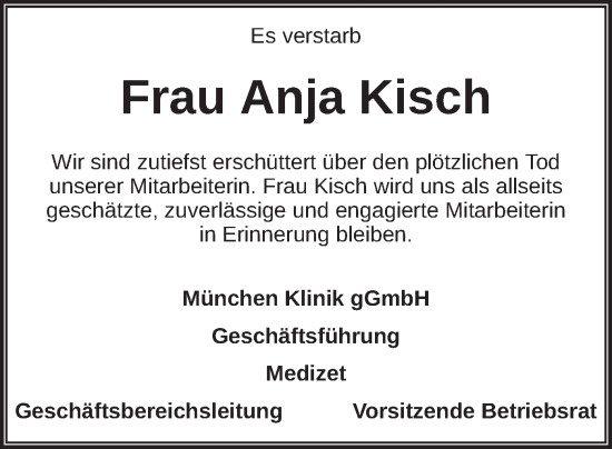 Todesanzeige von Anja Kisch von merkurtz