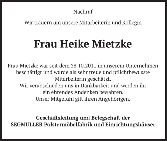Todesanzeige von Heike Mietzke von merkurtz