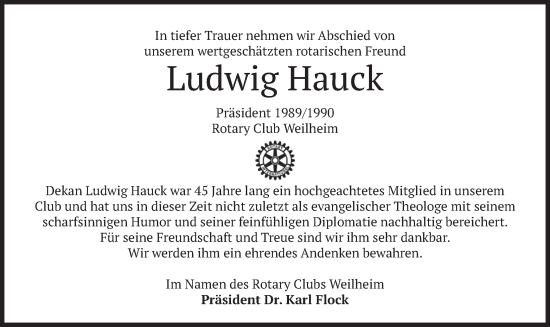 Todesanzeige von Ludwig Hauck von merkurtz