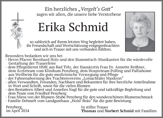 Todesanzeige von Erika Schmid von Das Gelbe Blatt Penzberg