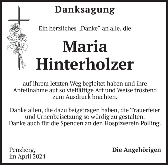Todesanzeige von Maria Hinterholzer von Das Gelbe Blatt Penzberg