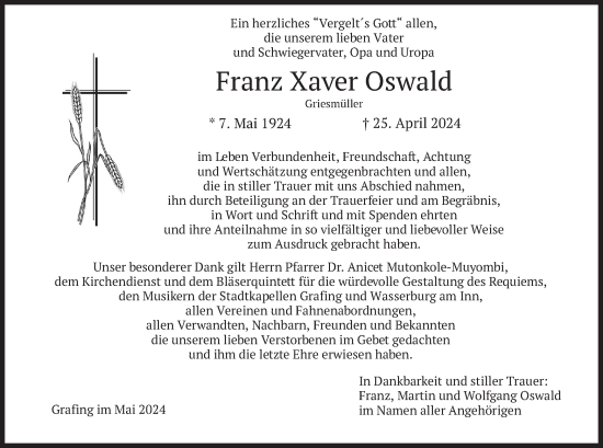 Todesanzeige von Franz Xaver Oswald von merkurtz