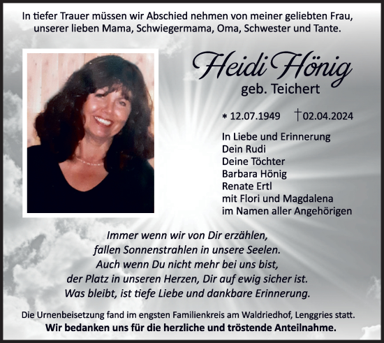 Todesanzeige von Heidi Hönig von merkurtz