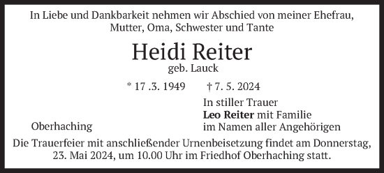 Todesanzeige von Heidi Reiter von merkurtz