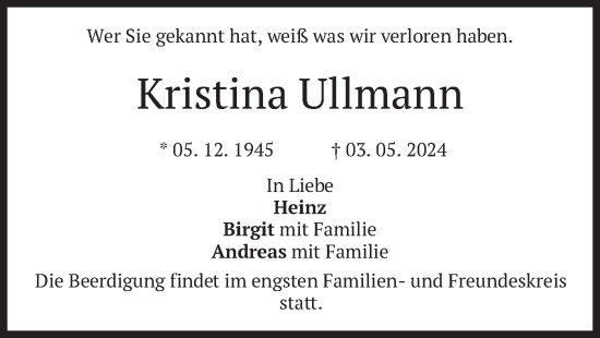 Todesanzeige von Kristina Ullmann von merkurtz