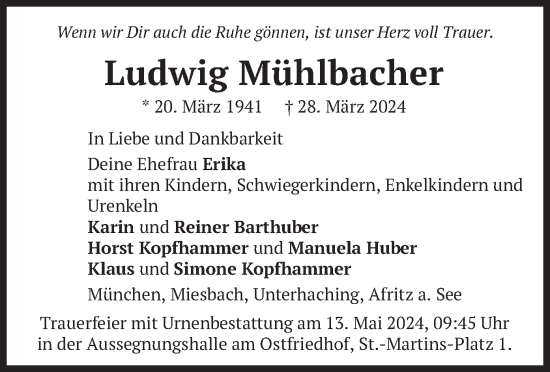 Todesanzeige von Ludwig Mühlbacher von merkurtz